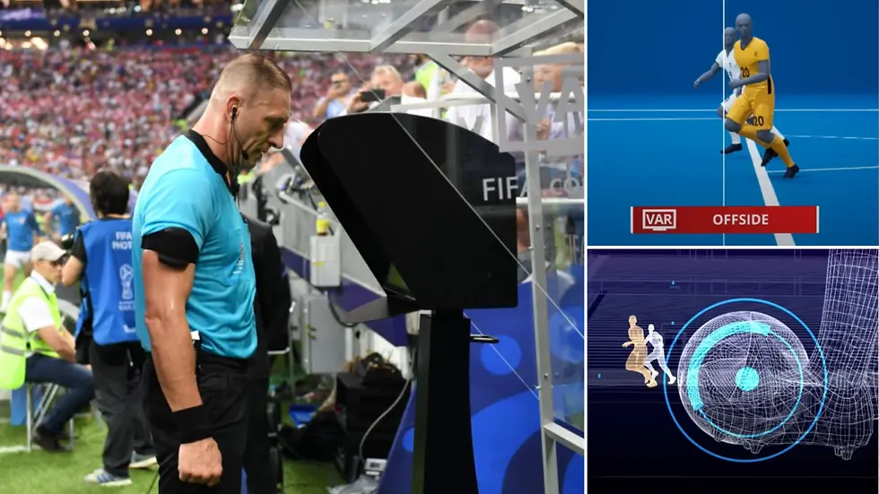 Referee views VAR screen on a soccer field. Adjacent images show 3D offside analysis with "VAR Offside" text. Crowd in background.