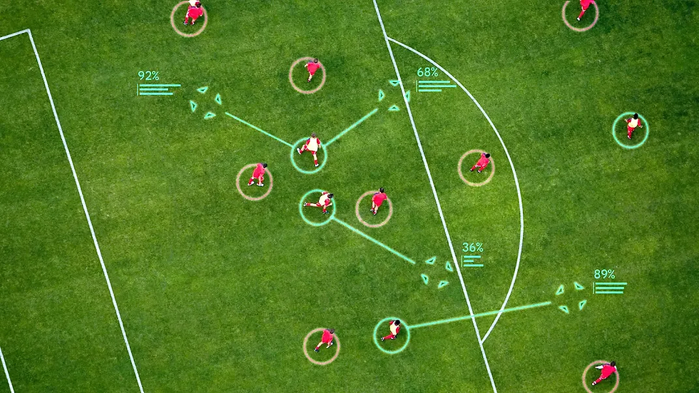 Top view of a soccer field with players in red, overlayed with strategy lines and percentages. Green grass; digital sports analysis.