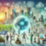 Futuristic scene with robots, scientists, and farmers in a vibrant, tech-filled cityscape. Wind turbines, solar panels, and digital icons fill the sky.