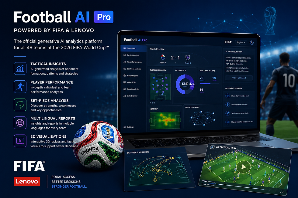 Laptop displaying football analytics, surrounded by FIFA-branded graphics and a soccer ball, with text highlighting AI features and analysis.