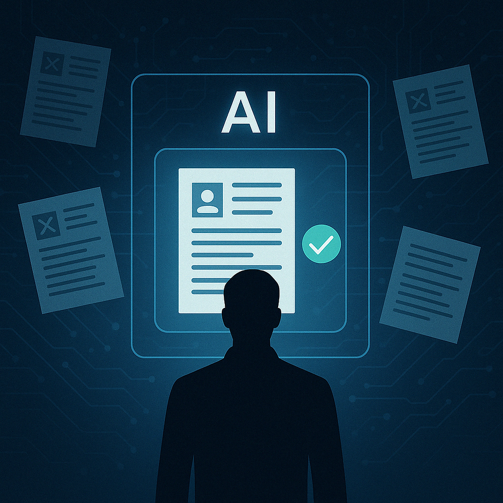 Silhouette of a person facing a digital screen displaying "AI" and documents. Blue tech-themed background with circuits and checkmarks.
