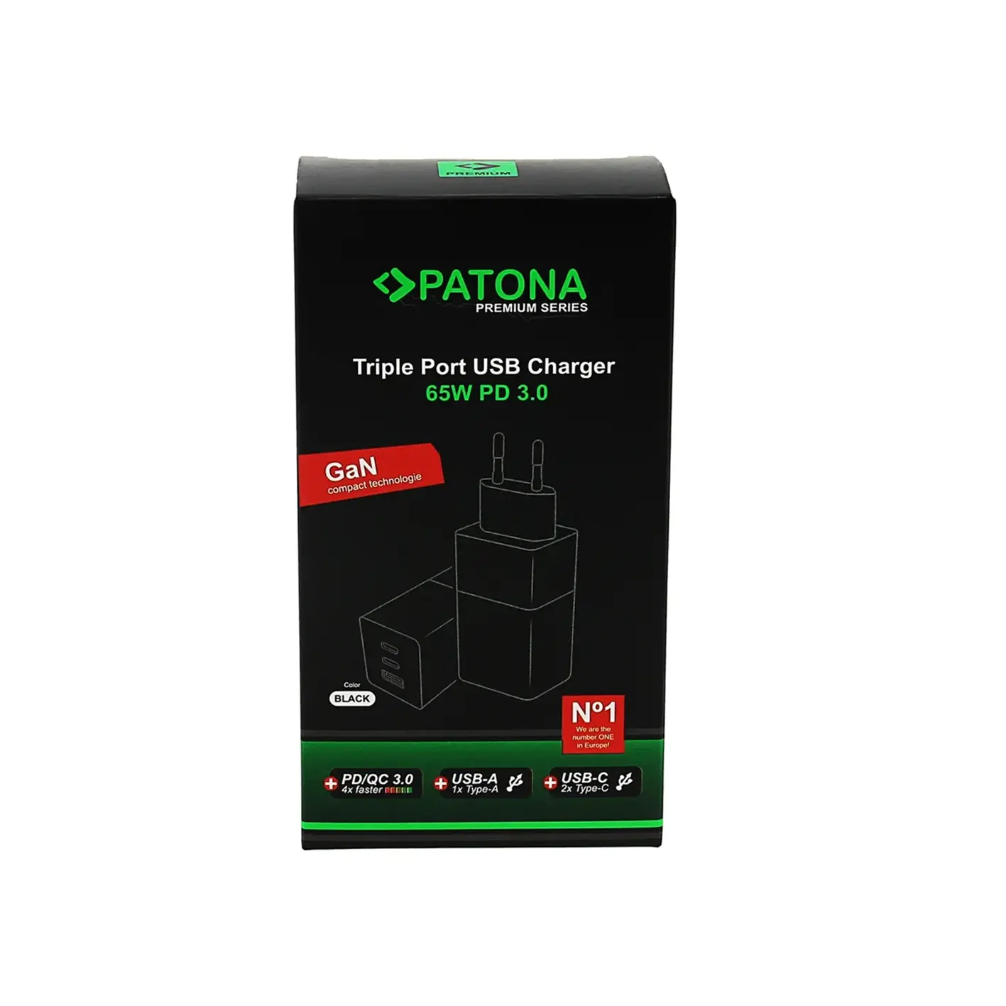 Patona USB Ladegerät GaN PD 65W 2xUSB-C + USB-A Black