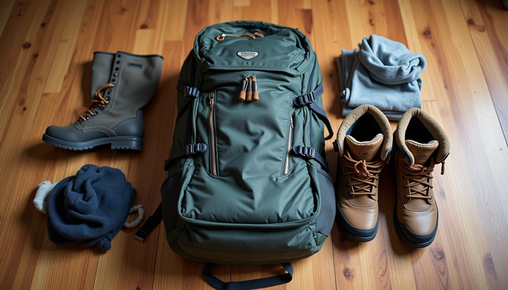 Eye-level view of a traveler’s backpack with layered clothing and hiking boots on a wooden floor