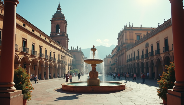 Eye-level view of the historic Plaza Mayor in Lima with colonial buildings and a fountain