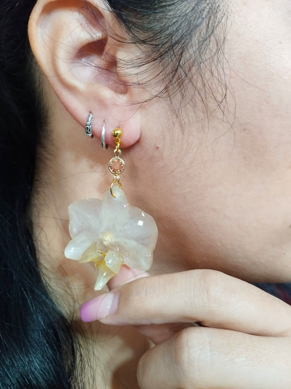 Miniatura: Pendientes orquídea Blanca 'Melocotón'