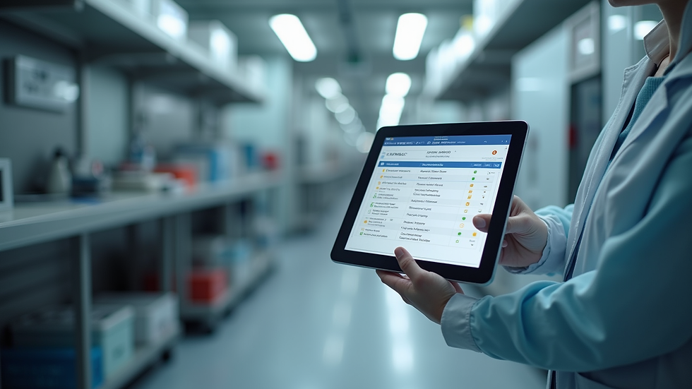 Eye-level view of a digital tablet displaying a maintenance checklist in a laboratory