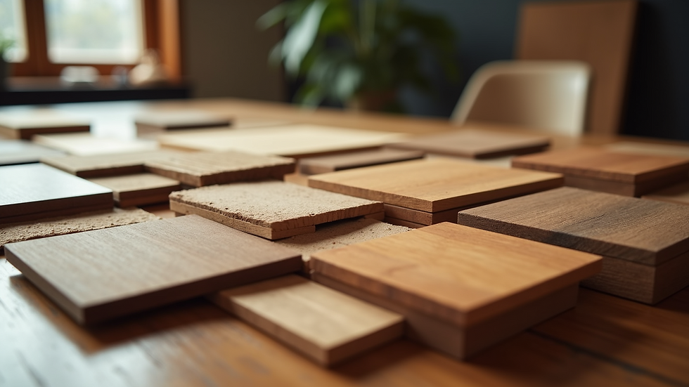 Close-up view of various hardwood and textile samples arranged on a table