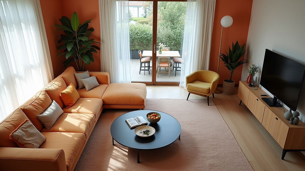 High angle view of an open-concept living room with a sleek couch and vibrant decor