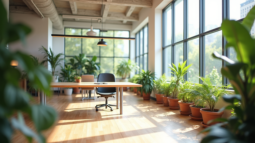 Wide angle view of a bright office space featuring biophilic design elements with natural light and plants