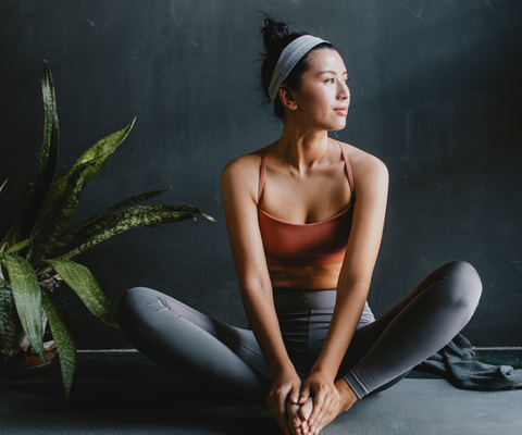 Athletic woman in workout gear doing a yoga pose in front of a stone coloured wall, and next to a green potted plant.