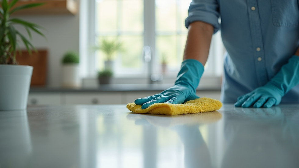 Eye-level view of a professional cleaner wiping a kitchen countertop