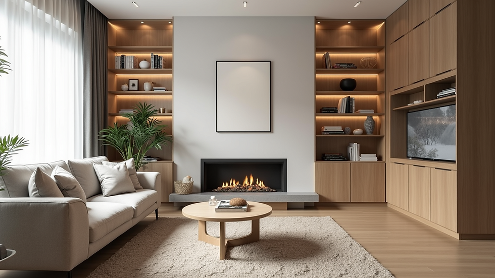 Wide angle view of a well-organized living room with decorative storage