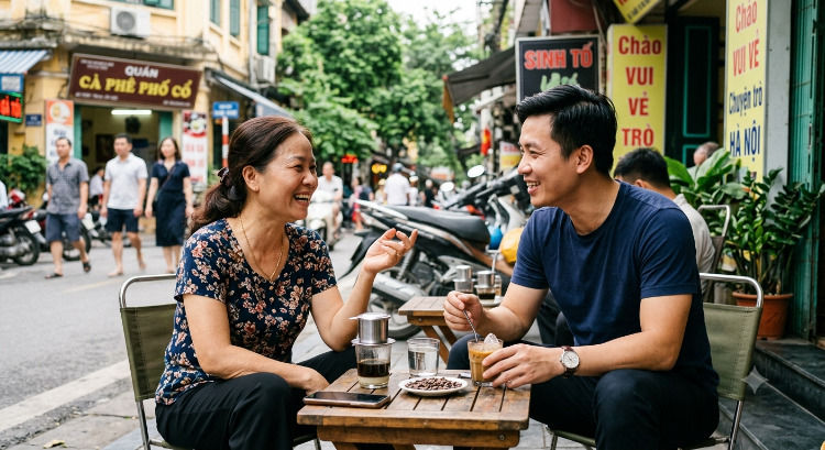 Smiling man and woman chat over coffee at a sidewalk café