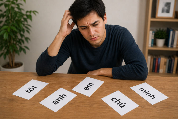 Puzzled man at table studies pronouns in Vietnamese