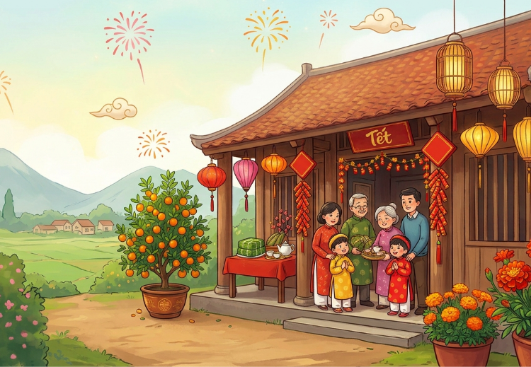 Family in áo dài stands on a Tet porch