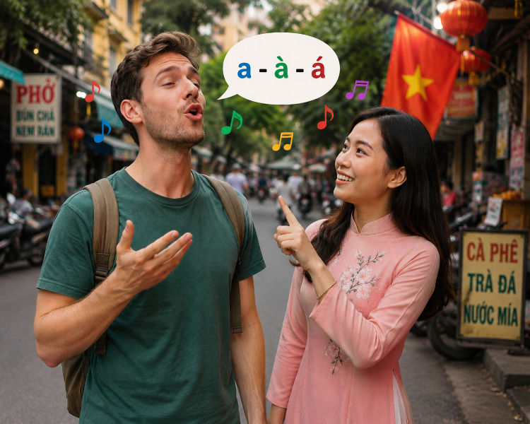 Smiling woman points at a man singing a-à-á
