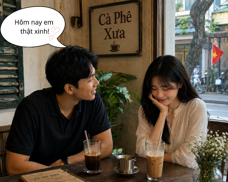 Young man complimenting a Vietnamese woman