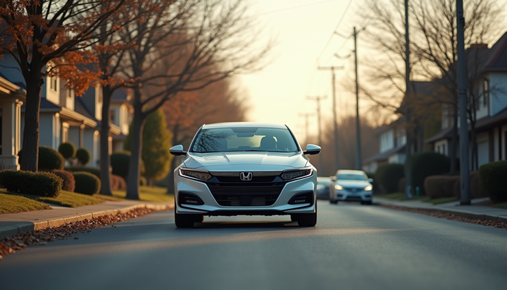 Eye-level view of a car parked on a quiet suburban street ready for a driving test