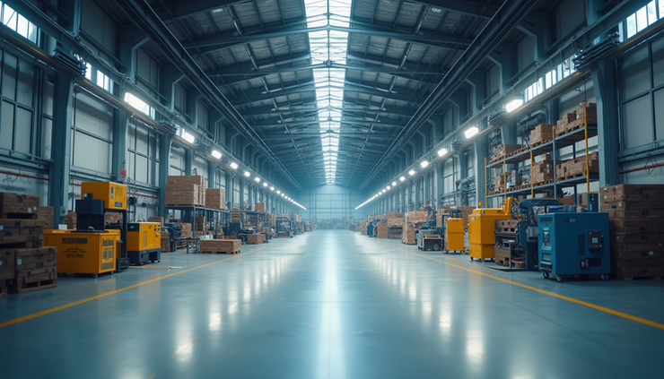 Eye-level view of a warehouse floor with organized rows of industrial equipment and machinery