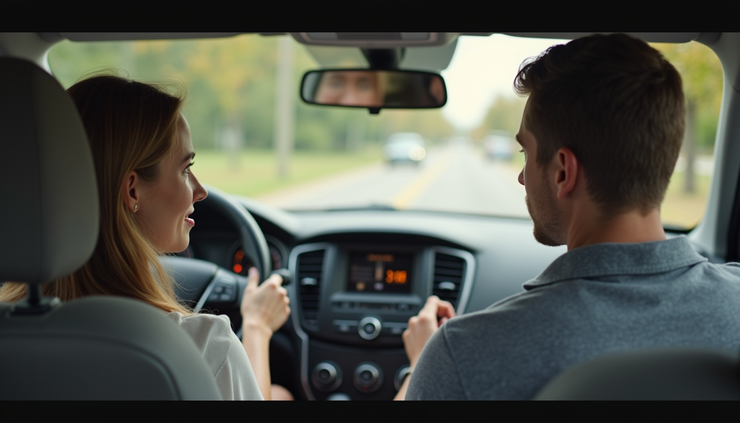 Eye-level view of a young driver receiving instructions from a family member in a parked car