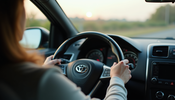 Eye-level view of a learner driver gripping the steering wheel attentively inside a car