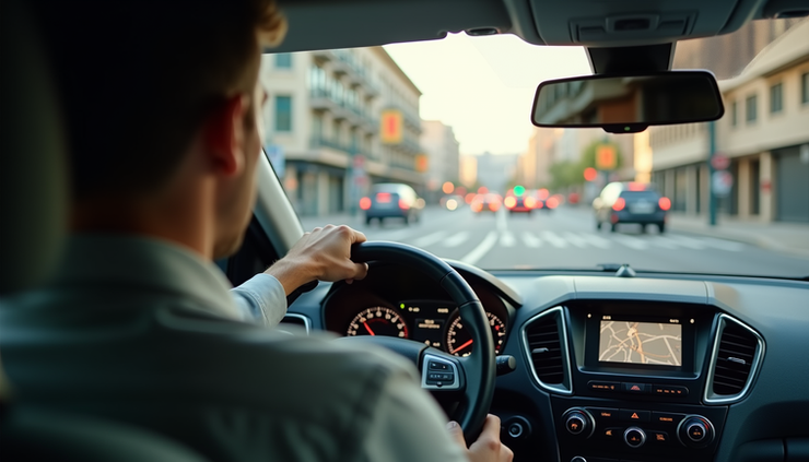 Eye-level view of a learner driver navigating a busy urban intersection during a driving test