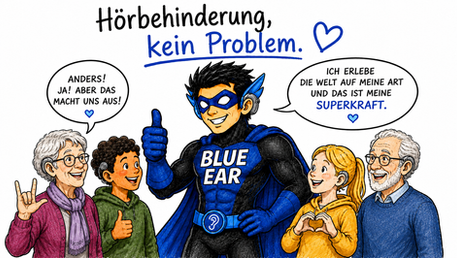 Superheld Blue ear trägt Hörgeräte zusammen mit jungen und alten Schwerhörigen. Andersartigkeit ist eine Superkraft.