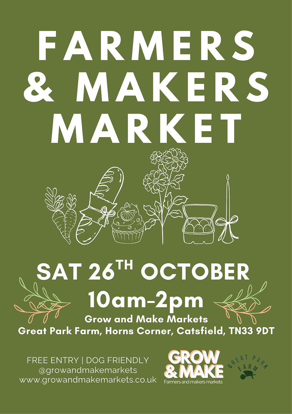 Christmas Makers Market poster with holly design. Details: 29-30 Nov, 10am-4pm, Great Park Farm, Catsfield. Aqua background, festive theme.