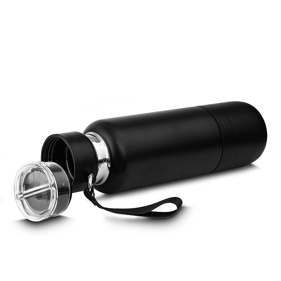 Miniatura: Garrafa em Inox Porta Comprimidos Parede Dupla 500ml Com Copo Preta