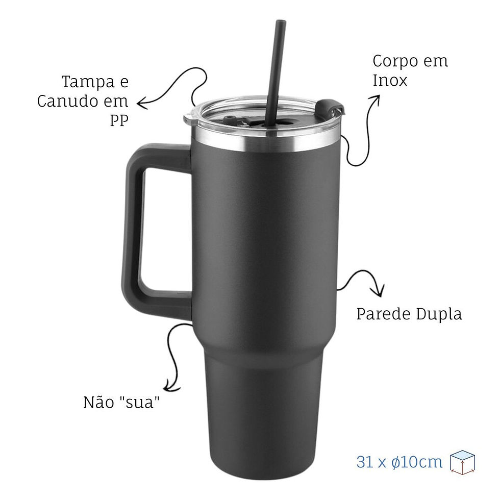 Miniatura: Garrafa Canecão em Inox Parede Dupla 1300ml com Alça e Canudo Preta