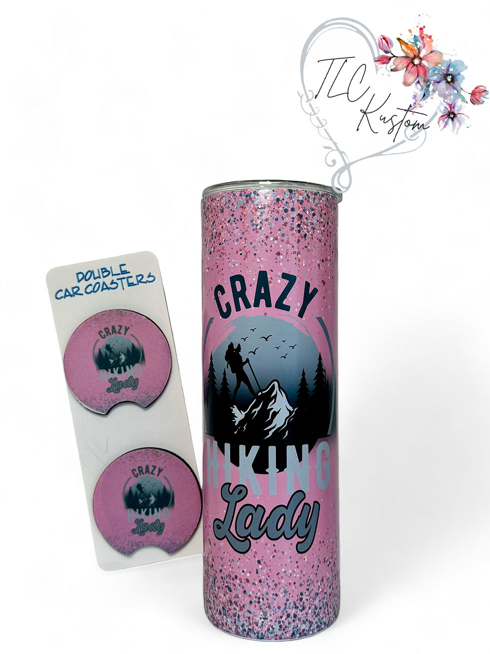 Thumbnail: 30oz Pink Crazy Hiking Lady Design Tumbler and car coasters