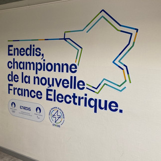 Mur arborant le message « Enedis, championne de la nouvelle France Électrique », représentant la transition énergétique et l'engagement olympique
