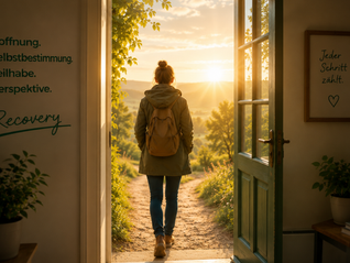 Symbolbild für Recovery und persönliche Genesung: Eine Person tritt durch eine geöffnete Tür in eine helle, sonnendurchflutete Landschaft. Das Bild steht für Hoffnung, Selbstbestimmung, Teilhabe, Empowerment und neue Perspektiven in der sozialpsychiatrischen Begleitung von Menschen mit psychischen Erkrankungen.