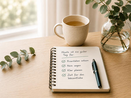Minimalistischer Arbeitsplatz mit handschriftlicher Planungsliste, Tee und Notizbuch. Symbolbild für eine Fortbildung von Systemsicht Dagmar Gertulla zu Selbstmanagement, Zeitmanagement und Prioritätensetzung für Fachkräfte in sozialen Organisationen und soziale Einrichtungen in Lübeck.