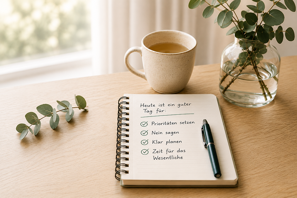 Minimalistischer Arbeitsplatz mit handschriftlicher Planungsliste, Tee und Notizbuch. Symbolbild für eine Fortbildung von Systemsicht Dagmar Gertulla zu Selbstmanagement, Zeitmanagement und Prioritätensetzung für Fachkräfte in sozialen Organisationen und soziale Einrichtungen in Lübeck.