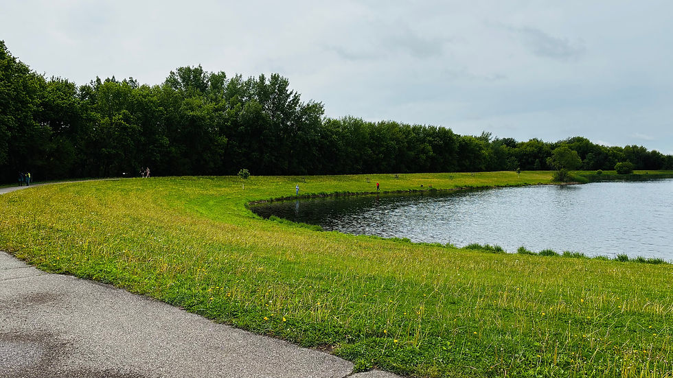 Lake with trail around it. People fishing and walking.