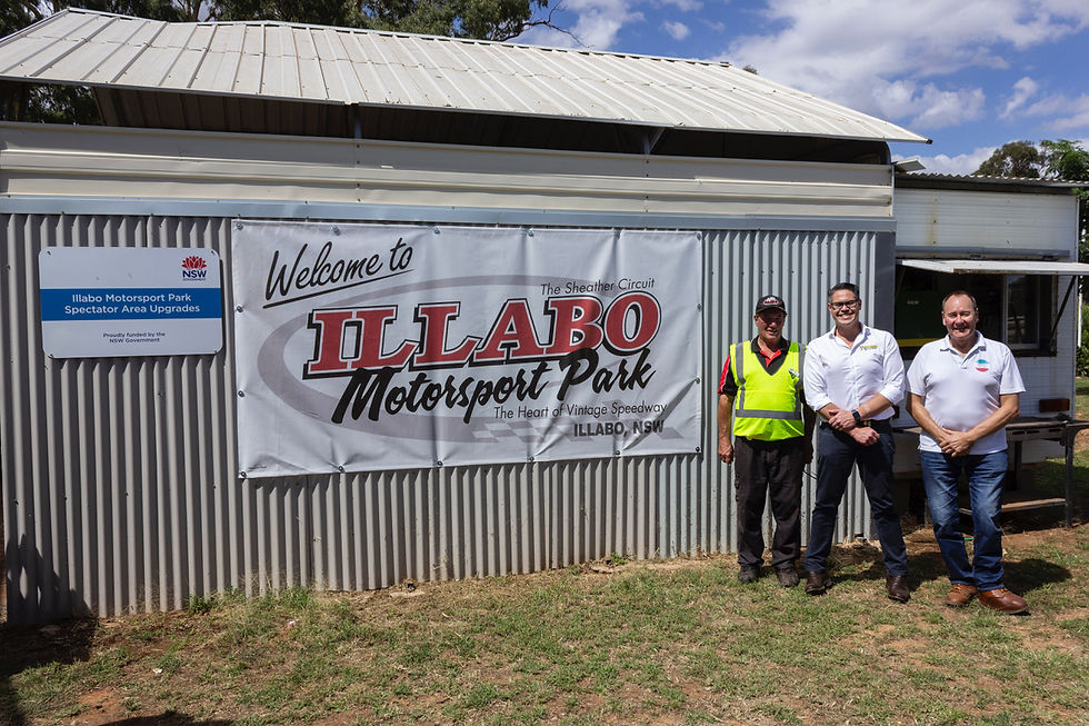 Kerry Phelan Founder and Secretary Gasworks Motorsport, Hon. Wes Fang MLC, Cr Neil Smith Mayor Junee Shire Council at the Grand Opening of the upgraded Spectator Area at Illabo Motorsport Park