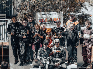 (L-R) Michael, Mason, Noah, Chevelle, Amber, Beau, Will, Jack, Tai (in front of Jack) and Flynn.  With Megan Behler, Gasworks Motorsport’s Kart Co-ordinator, and John Campbell, Vice President of the Vintage Speedcar Association (NSW), seated in the middle