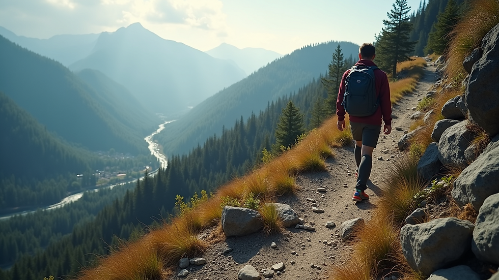 High angle view of a person hiking on a rocky trail representing resilience and adaptability