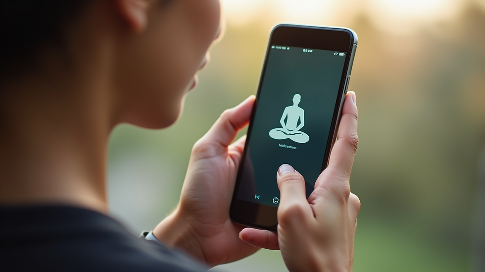 Close-up view of a person holding a smartphone with a meditation app open