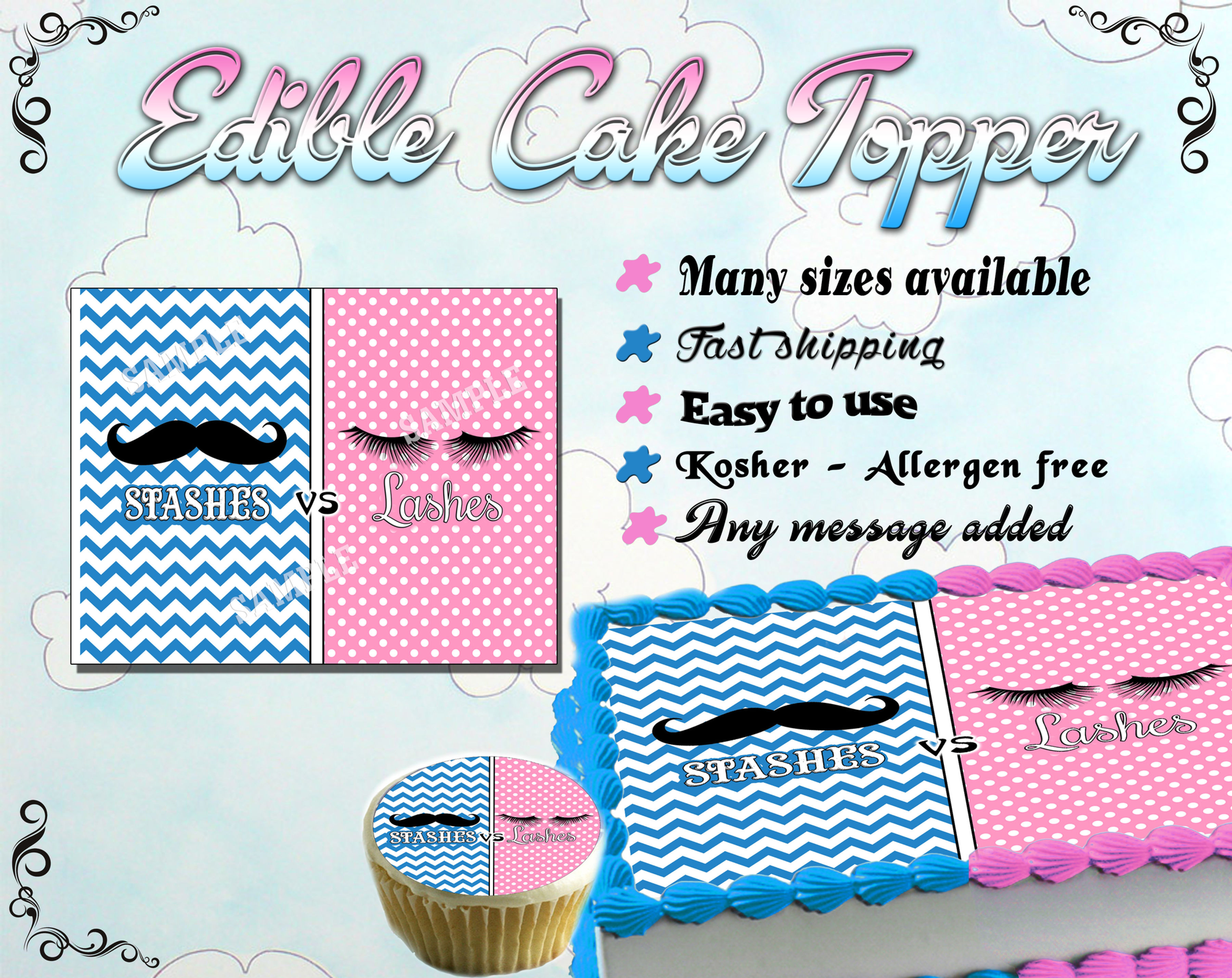 Mustaches or Lashes Gender Reveal Cake toppers