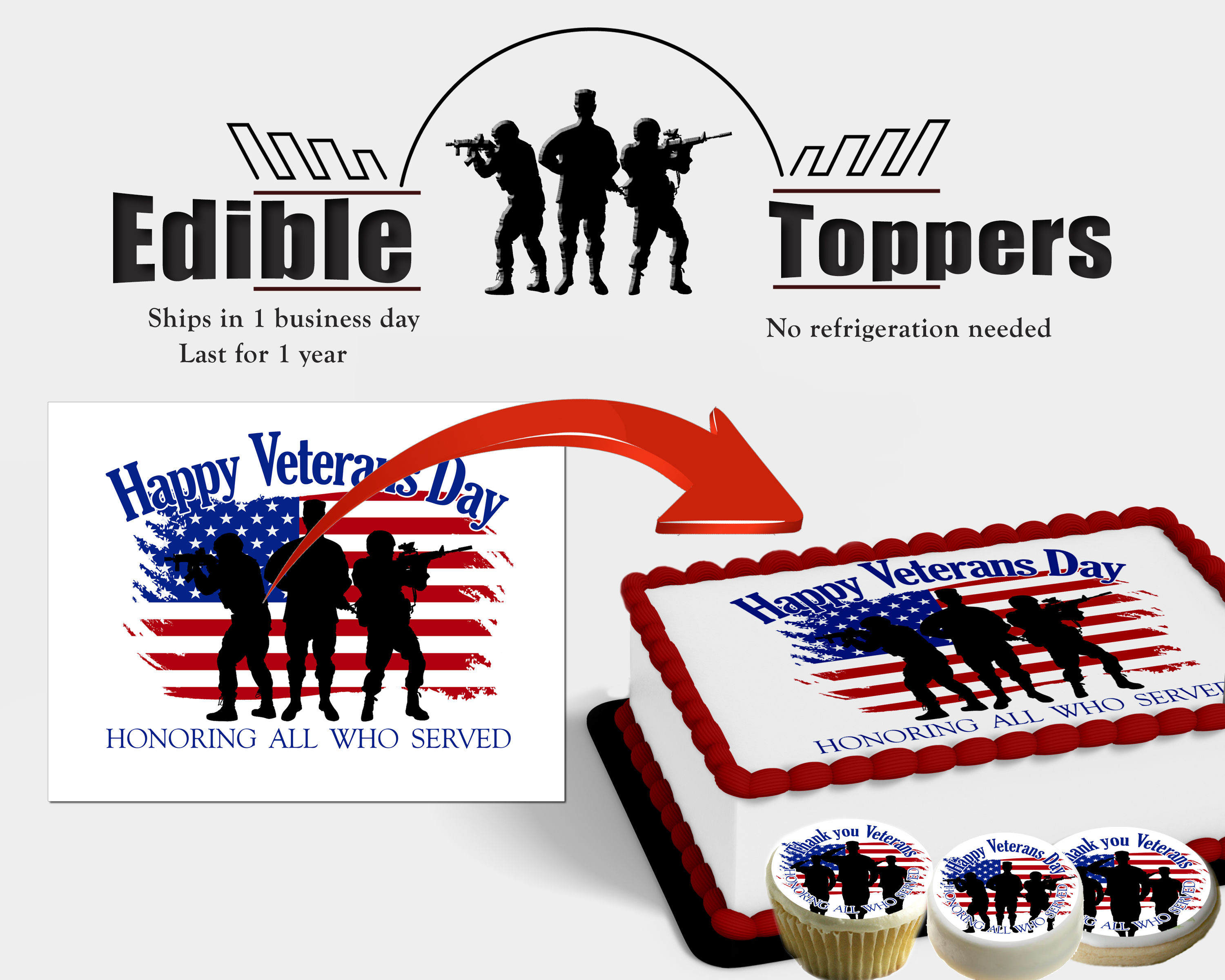 Happy Veterans Day American flag edible cake, cupcake cookie toppers. Military