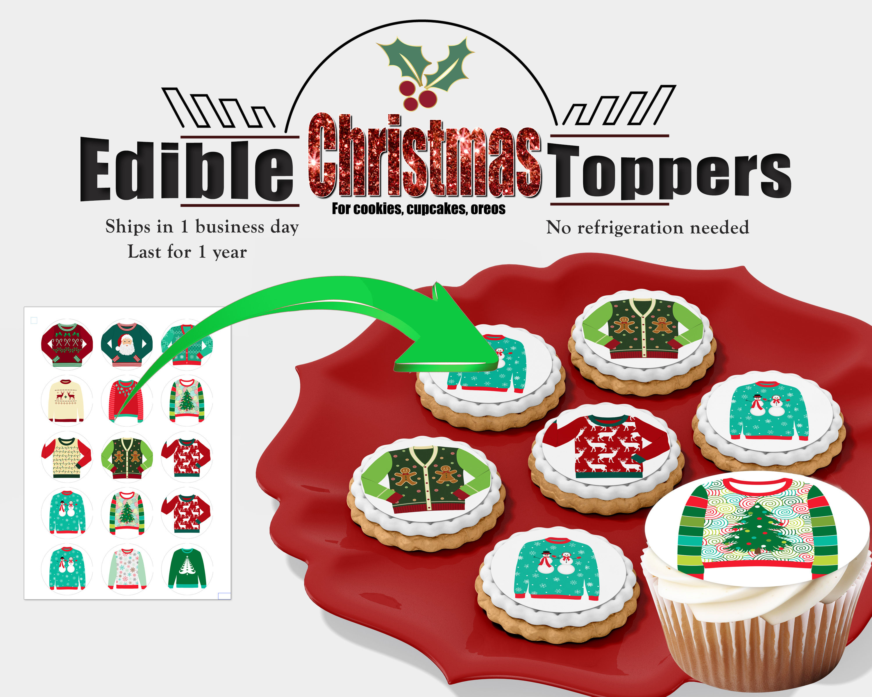 Edible ugly Christmas sweater themed cupcake, oreos or cookie toppers Friendsmas