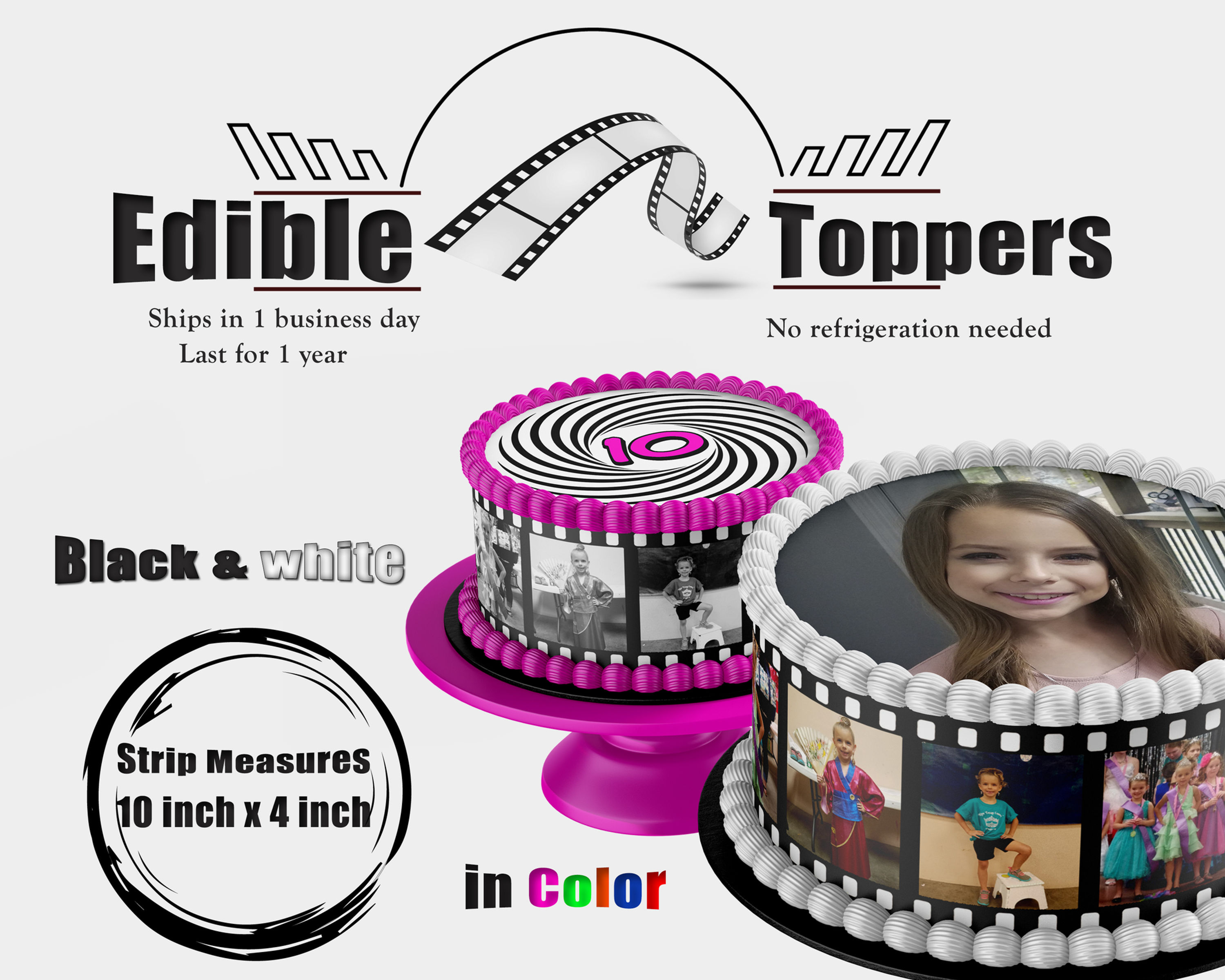 Edible film strips for round, square and heart cakes Photo Reels