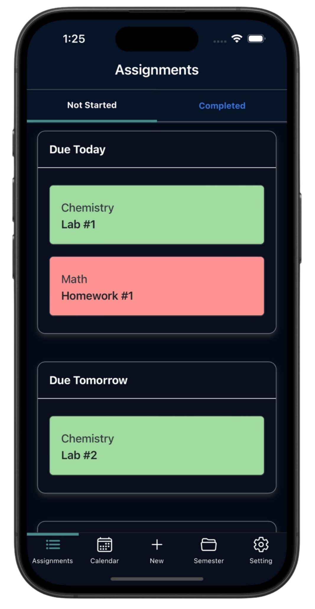 Phone showing Course Sync's dark mode assignments list with students filtered assignments by due date, assignments