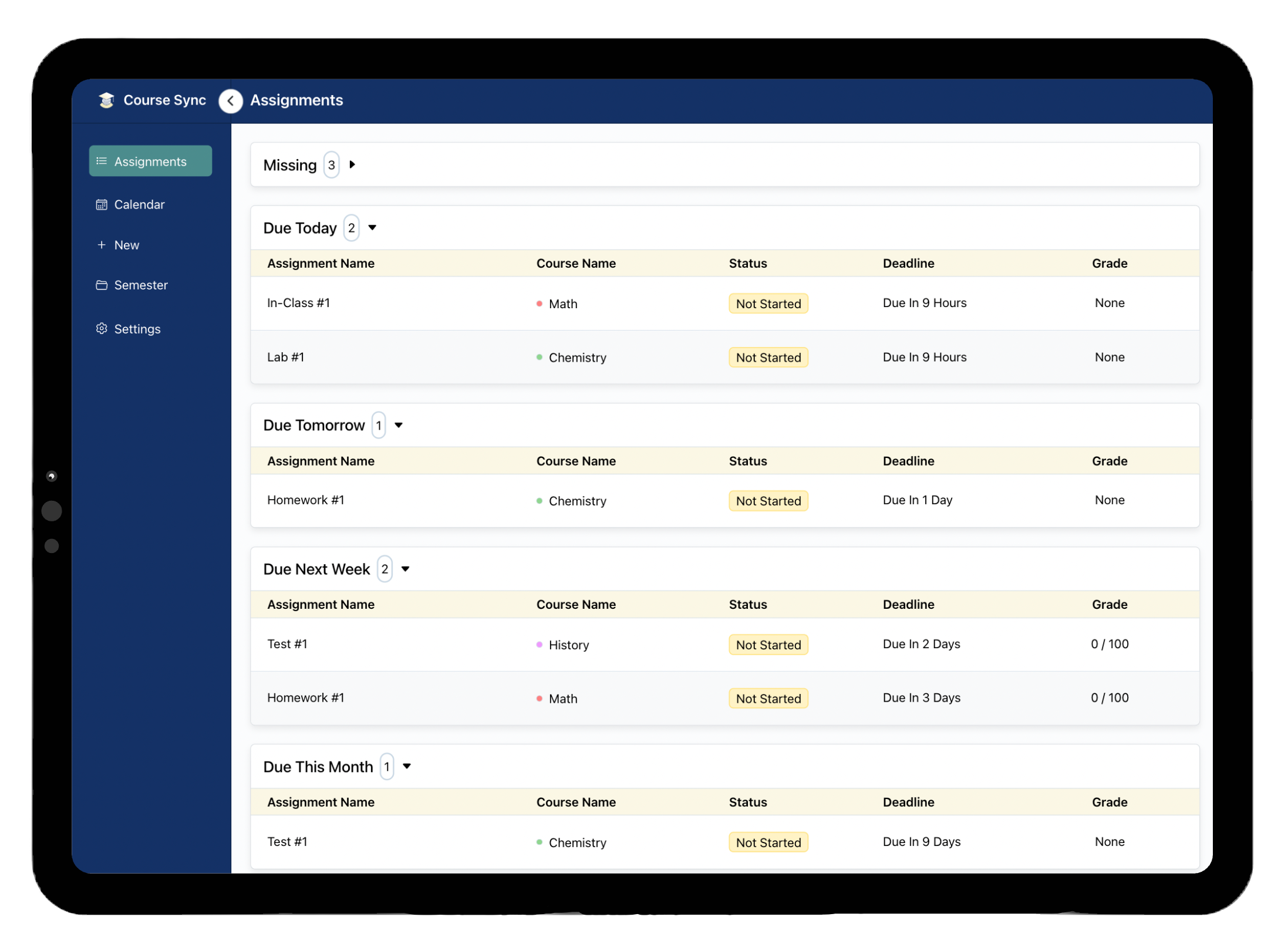 Tablet showing Course Sync app assignments list with students filtered assignments by due date, assignments: three missing, t