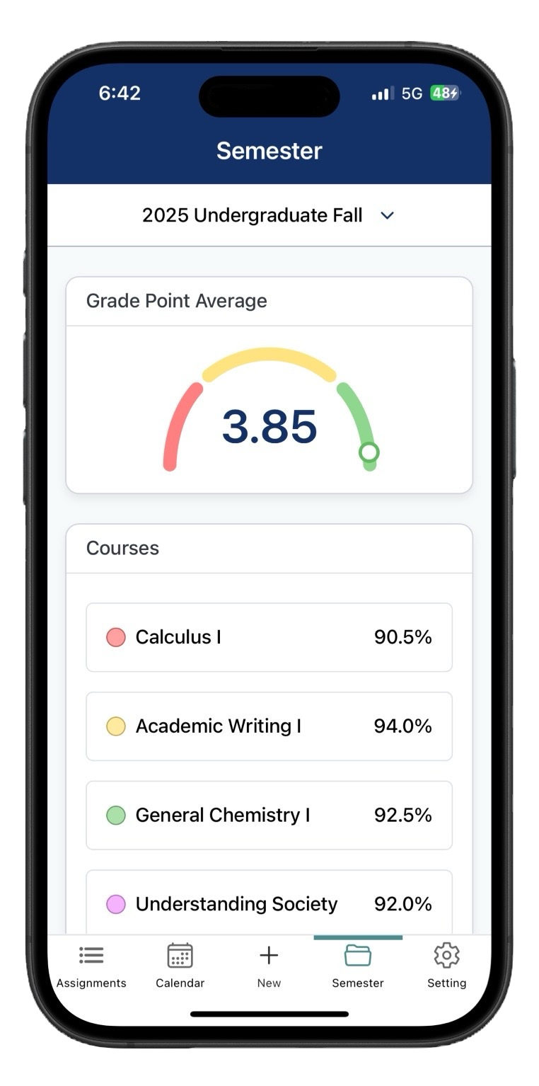 Course Sync app semester view on smartphone showing the selected semester, GPA with status bar, and a list of four courses wi
