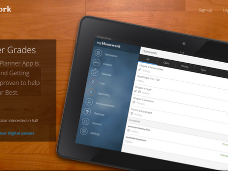 myHomework Student Planner app interface on tablet showing homework and class tracking dashboard
