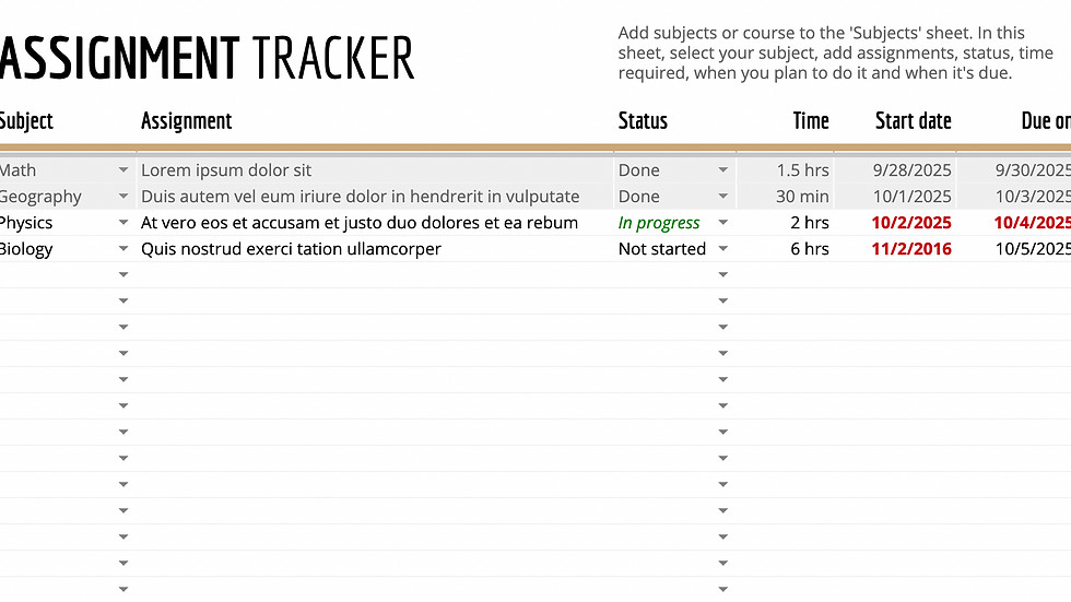 Assignment tracker table with subjects, assignments, statuses, times, start and due dates. Physics "In progress," Biology "Not started." Red dates.