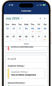 Course Sync app calendar view on smartphone showing a scrollable two-week view, with Friday selected displaying two assignments under the class grouping.